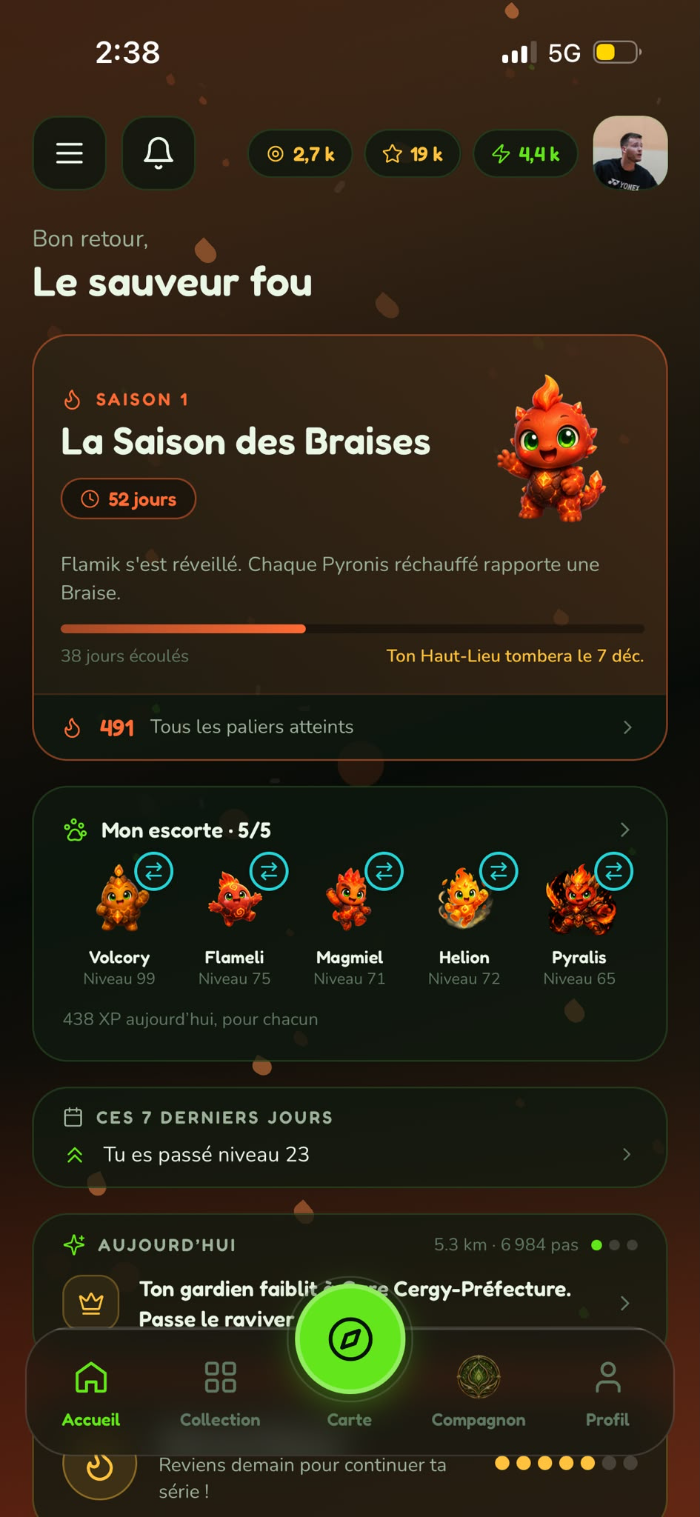 Écran de la Saison des Braises dans l'application Nirmie